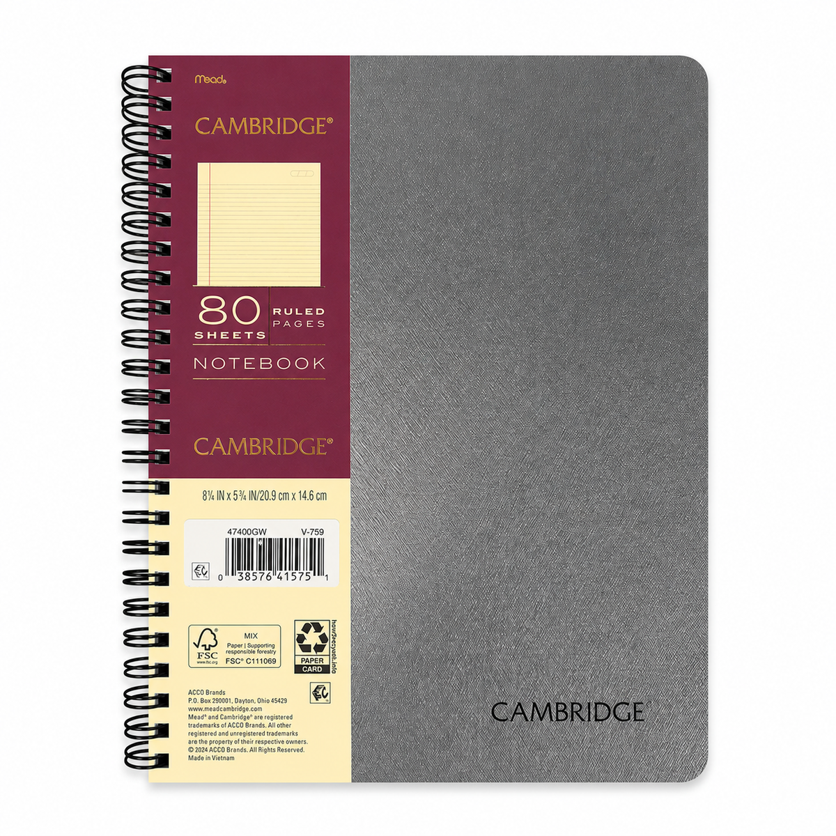 Cambridge Notebook, 6.5" x 8.25", Flexible Cover, Wire bound, 80 Sheets